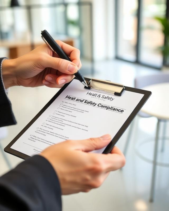 Hand signing a health and safety compliance checklist